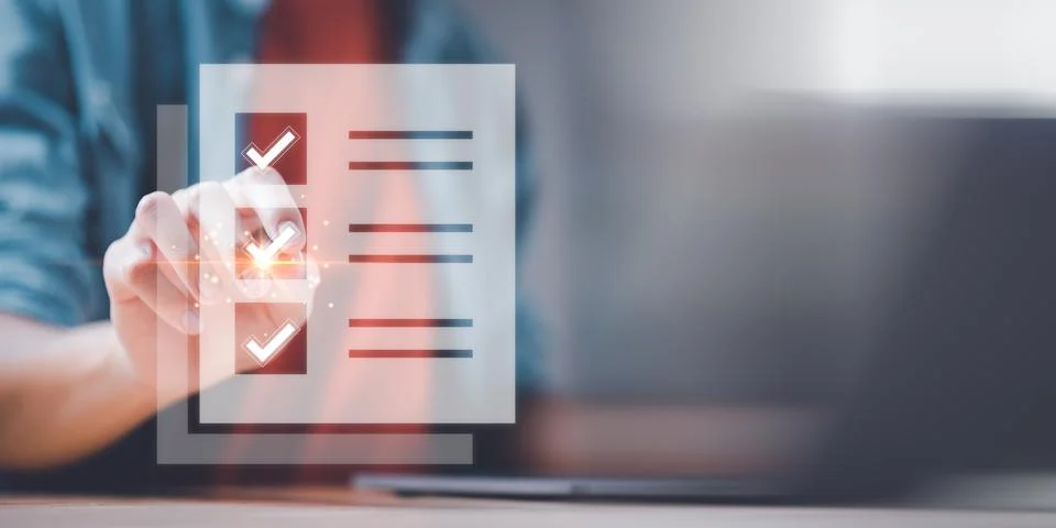 Operator makes mark on the survey topic ,Checklist with checkmarks and chec.. Stock Photos