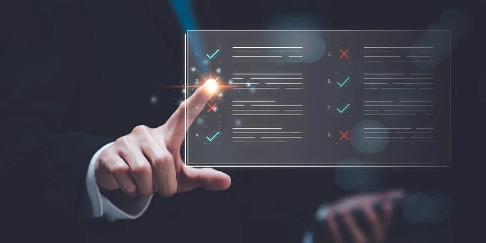Operator makes mark on the survey topic ,Checklist with checkmarks and chec.. 스톡 사진