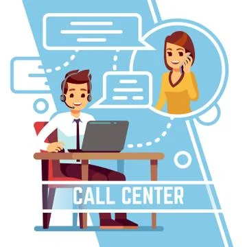 Operator man talking with happy smiling client on phone. Supporter in headset Stock Illustration