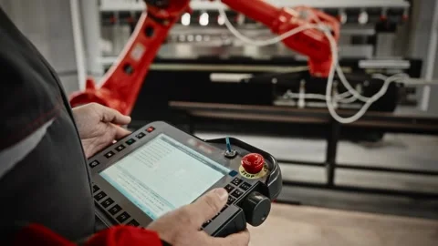 Operator Manages Bending Machine Functions, Hands Operate Touchscreen And Stock Footage 323792265