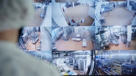 Operator Monitors Security Camera Footages. Production Control. Dairy Industry. Video stock 172539009