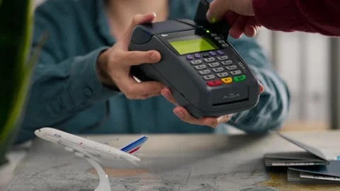 Operator, Office worker working with a payment terminal client inserting a c Stock Footage 242535967