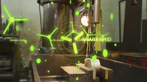 Operator running drill press for machining part, coolant flowing, green HUD Stock Footage 331820886