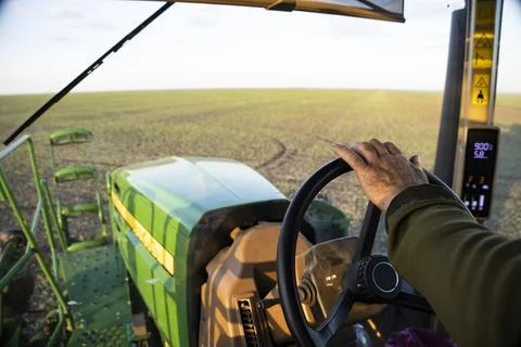 The operator of the special tractor processes agricultural fields. Close-up of Stock Photos