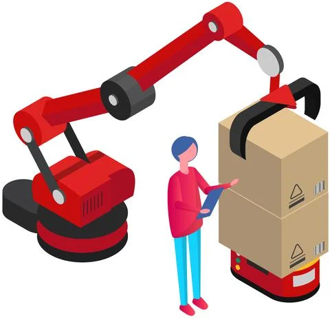 Operator with tablet controls manipulators loading boxes. Person using robotic Stock Illustration