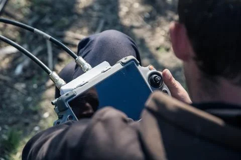 Operator using drone remote controller with connected cables Фото