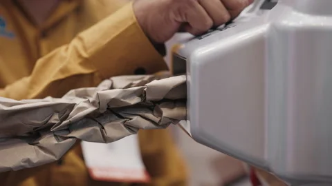 Operator Using Paper Cushioning Machine for Protective Packaging Video stock 303782395