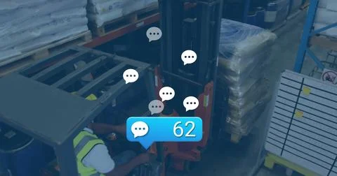 Operator in vest operating forklift in warehouse with planning board bubbles Stock Photos