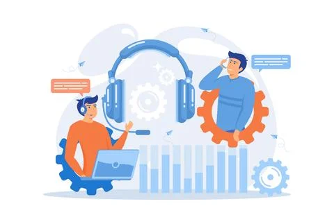 Operator wearing headset at computer cold calling to a potencial client. Co.. Stock Illustration
