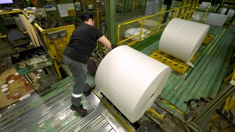 An operator worker packs rolls of paper. Paper production. 스톡 동영상 326350226