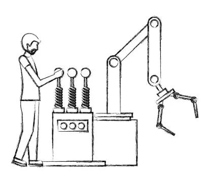 Operator working with the robotic arm industrial factory hand drawing Stock Illustration