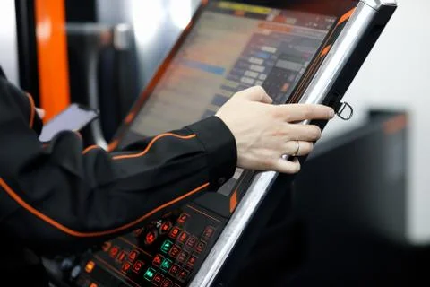 Operator working with touch screen control panel Stock Photos
