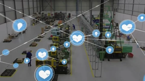 Operators in plant packing while heart icon spawning nodes and lines covering Stock Footage 329836589