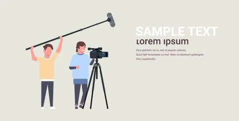 Operators using video camera on tripod holding microphone men working with Illustrazione stock