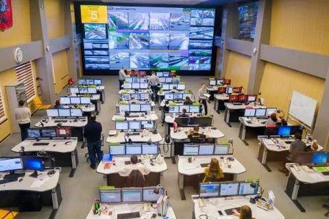 Operators work in road traffic control center Stock Photos