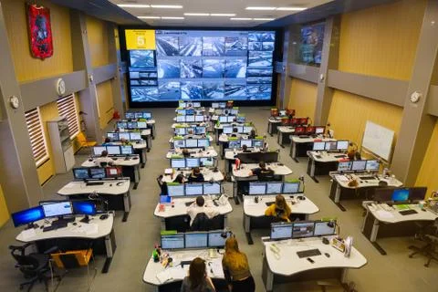 Operators work in road traffic control center Stock Photos