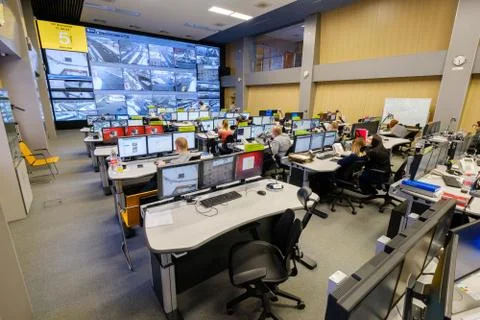 Operators work in road traffic control center Stock Photos