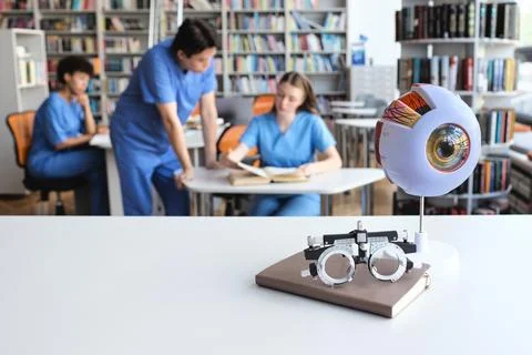 Ophthalmic study tools including a detailed eye globe replica and trial spect 스톡 사진