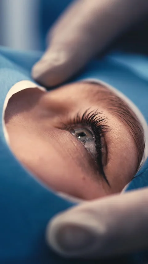 Ophthalmic surgeon performing precise eye surgery, focusing on the patient's Stock Footage 337386233