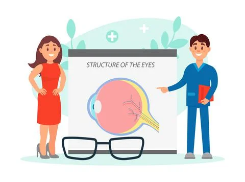 Ophthalmologist doctor explaining structure of eye to patient. Consultation and Illustrazione stock