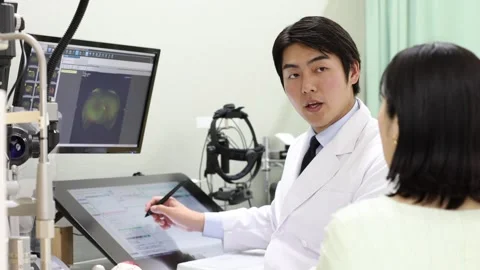 Ophthalmologist Explaining Eye Test Results to Female Patient in Clinic Stock-Footage 344238350