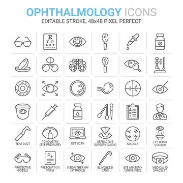 Ophthalmology icons set with editable stroke, 48x48 pixel perfect, featurin.. Stock Illustration
