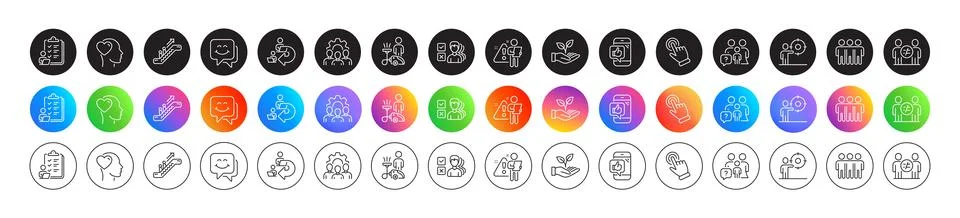 Opinion, Delegate work and Escalator line icons. For web app, printing. Round Stock Illustration