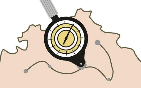 The opisometer measures the distance between points on the map. Stock Illustration