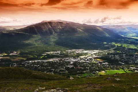 Oppdal sunset landscape background 스톡 사진