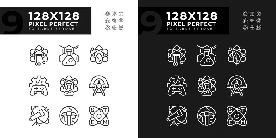 Opportunities of STEM pixel perfect linear icons set for dark, light mode Illustrazione stock