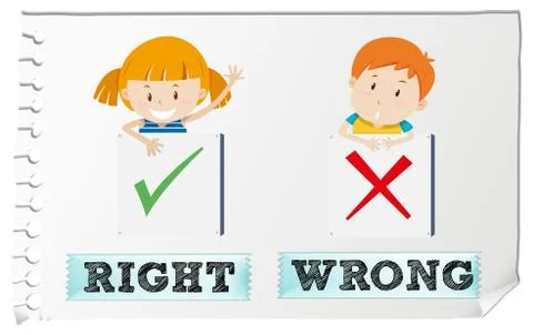 Opposite adjectives right and wrong Illustrazione stock