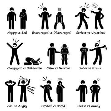 Opposite Feeling Emotions Positive vs Negative Actions Stick Figure Pictogram Ic Illustrazione stock