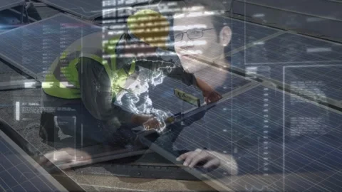Ops analyst typing on keys sending HUD globe, field tech adjusting solar panel Stock Footage 326975071