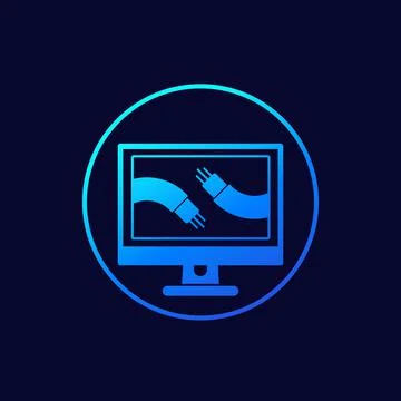 Optic cables on computer screen icon, vector 스톡 일러스트