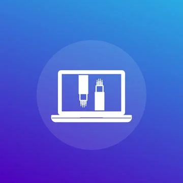 Optic cables on screen of laptop icon, vector Stock Illustration