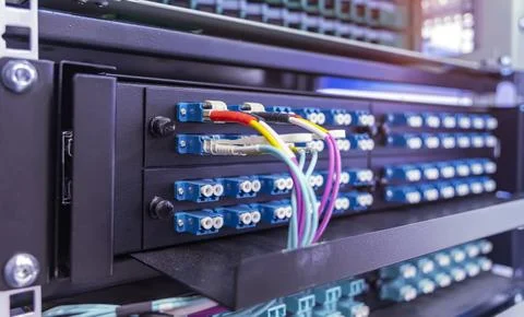 Optic fiber cables connected to data center Foto stock