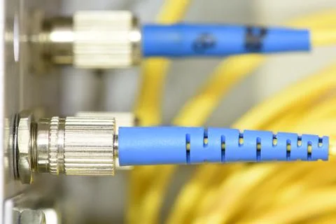 Optic fiber cables on distribution panel Stock-Fotos