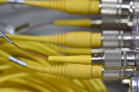 Optic fiber cables on distribution panel Foto stock