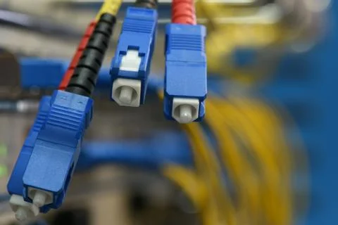 Optic fiber cables with SC type connectors Stock Photos