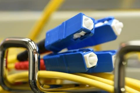 Optic fiber cables with SC type connectors 스톡 사진