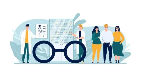 Optic store with glasses, vector illustration. Man woman people character at eye Stock Illustration