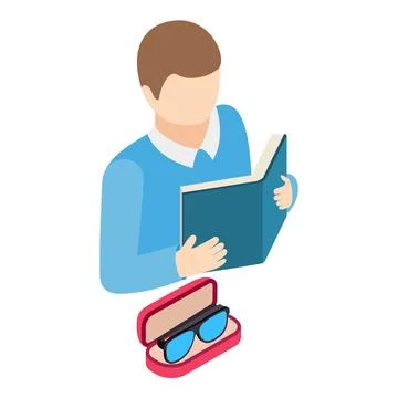Optical accessory icon isometric vector. Reading man and glasses in case icon Stock Illustration
