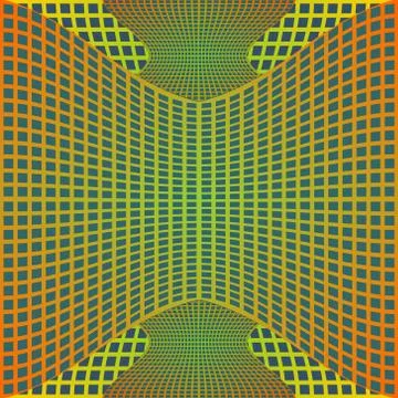Optical art background with 3d illusion, deformed metal grid on blue area Stock Illustration