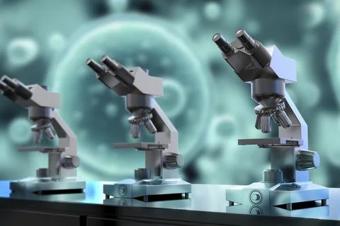 Optical binocular microscope, 3D illustration Illustrazione stock