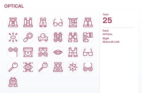 Optical Design Vector Icons featuring 25 Editable Regular Line Style Stock Illustration