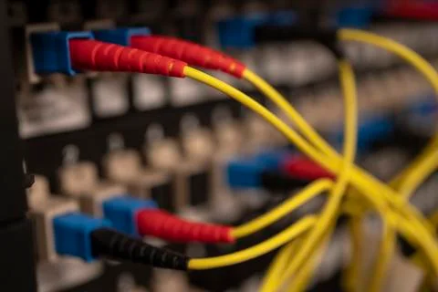 Optical distribution panel with connected patch cord cable Stock Photos