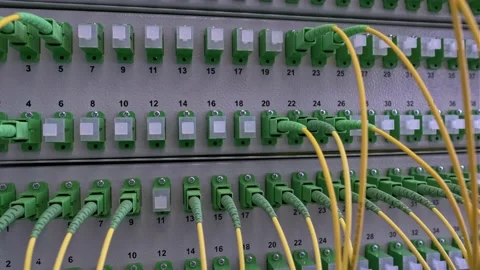 Optical distribution panel with optic cables at gigabit passive optical networks Stock Footage 154784398