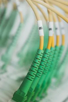 Optical distribution panel with optic cables at passive optical networks Stock Photos