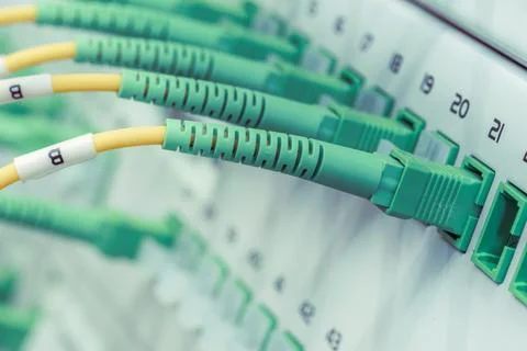 Optical distribution panel with optic cables at passive optical networks Stock Photos