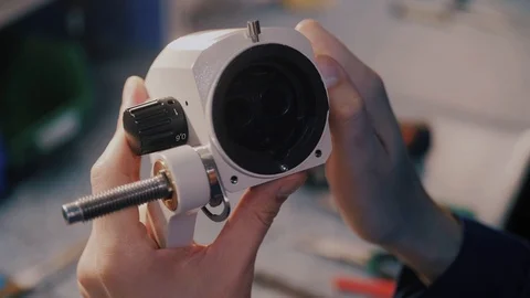 Optical elements of a microscope. Microscope lenses Stock Footage 104834113